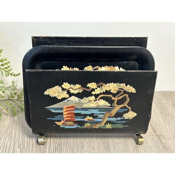 Vintage Black Metal Tole Ware Snack Bridge Trays With Matching Holder Caddy READ - Picture 3 of 8